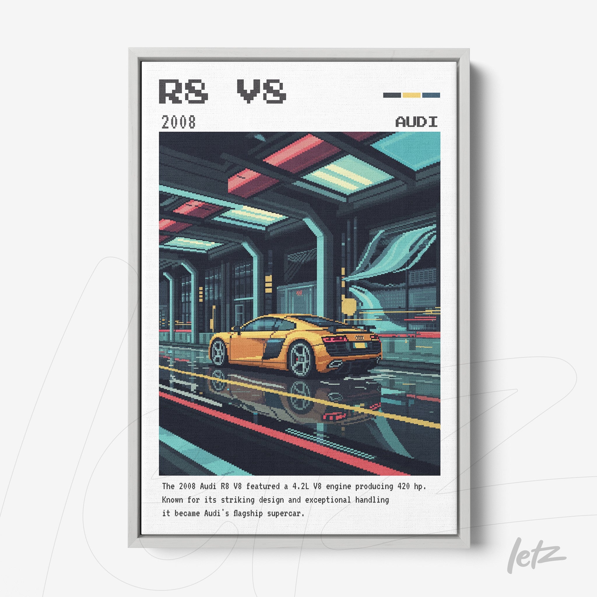 quadro com arte pixelada de um carro Audi R8 V8 amarelo em um ambiente de garagem futurista com chão refletivo