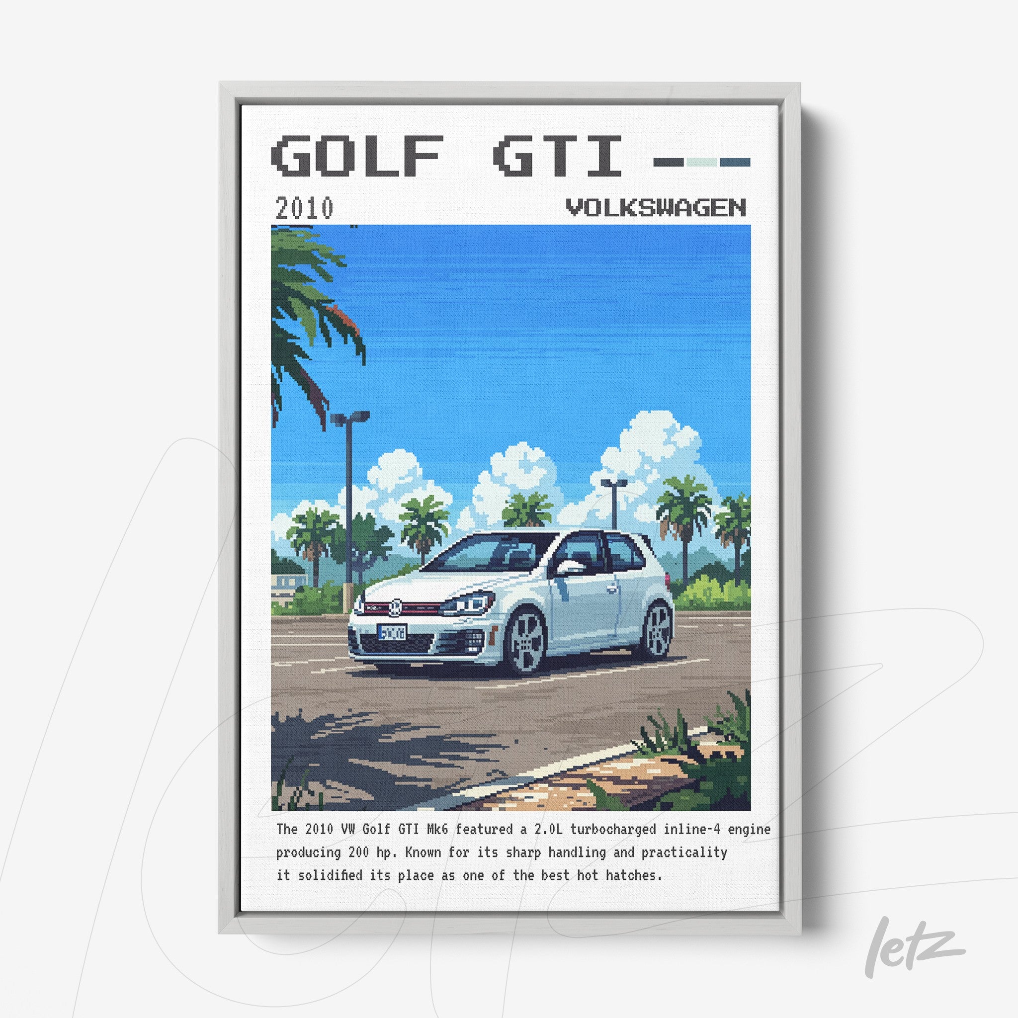 quadro com arte pixelada de um carro Volkswagen Golf GTI, exibido em uma paisagem tropical com palmeiras e céu azul, moldura branca