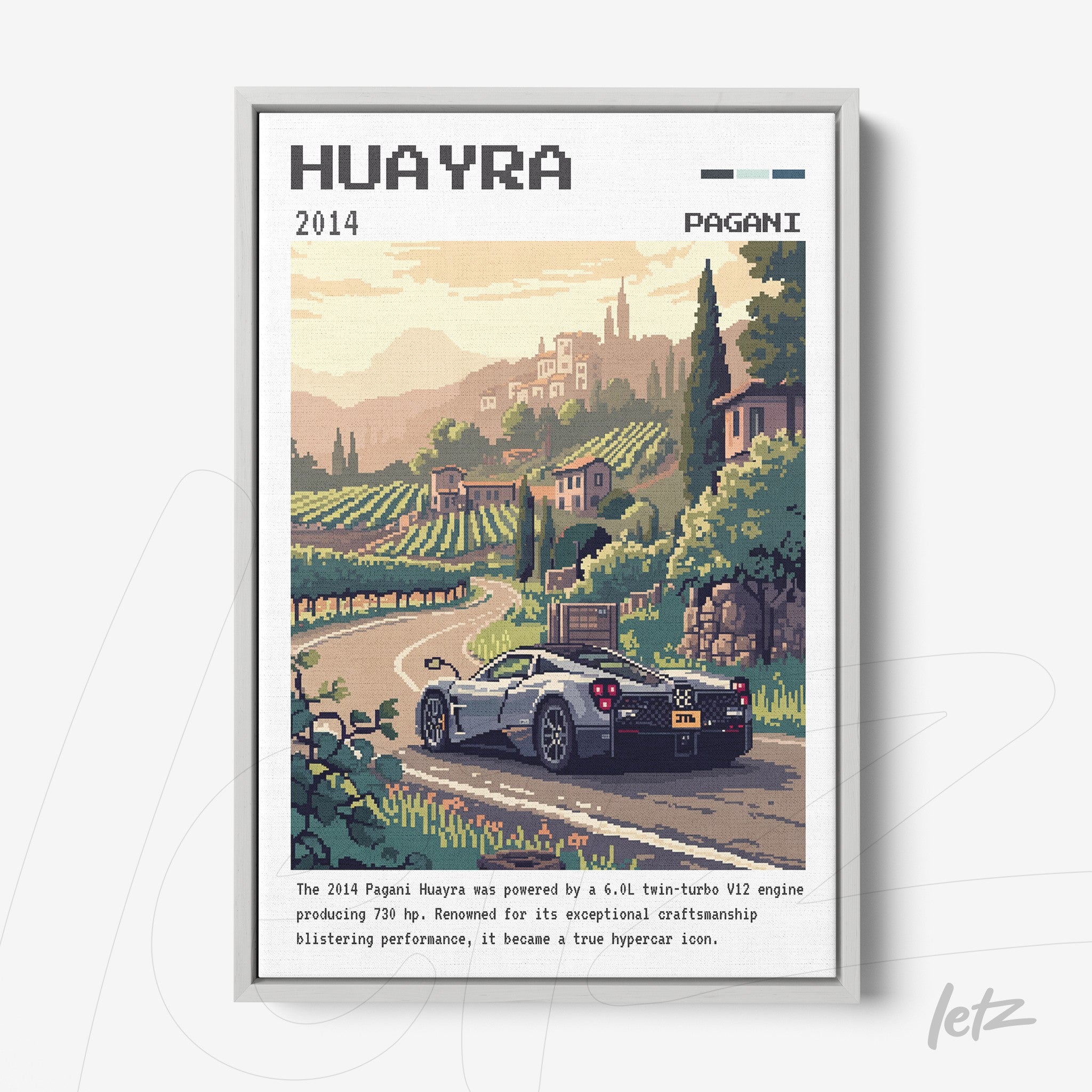 quadro com arte digital de um carro Pagani Huayra em um cenário rural com colinas e videiras usando moldura branca