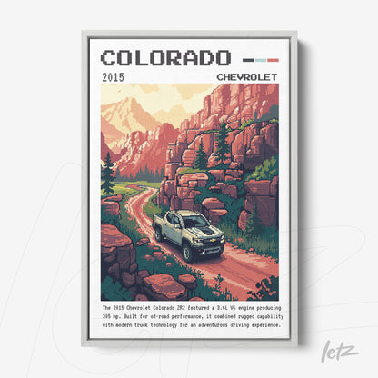 quadro com arte retro ilustrativa de um Chevrolet Colorado 2015 em estrada de terra em área montanhosa, com moldura branca