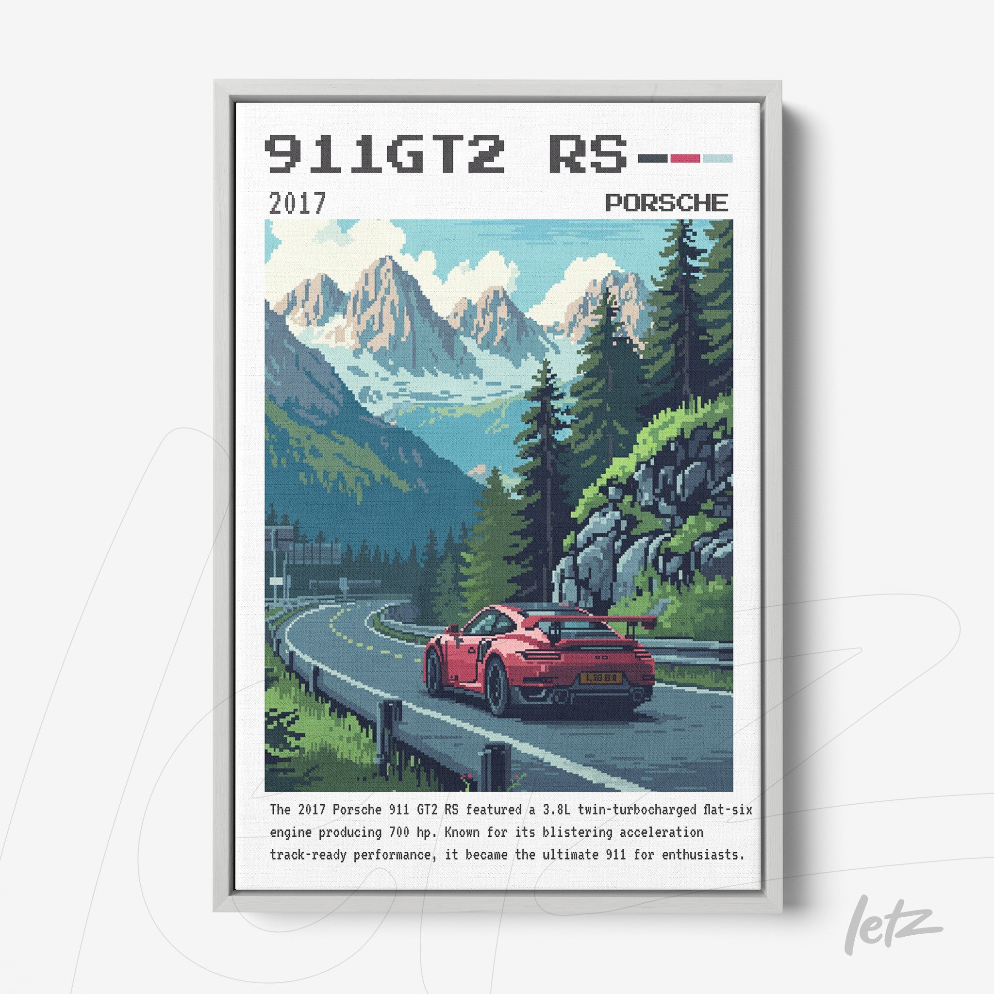 quadro com arte de carro esportivo Porsche 911 GT2 RS em moldura cinza, com fundo montanhoso e detalhes em pixel art