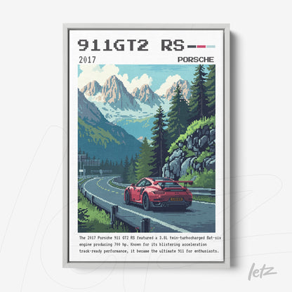 quadro com arte de carro esportivo Porsche 911 GT2 RS em moldura cinza, com fundo montanhoso e detalhes em pixel art