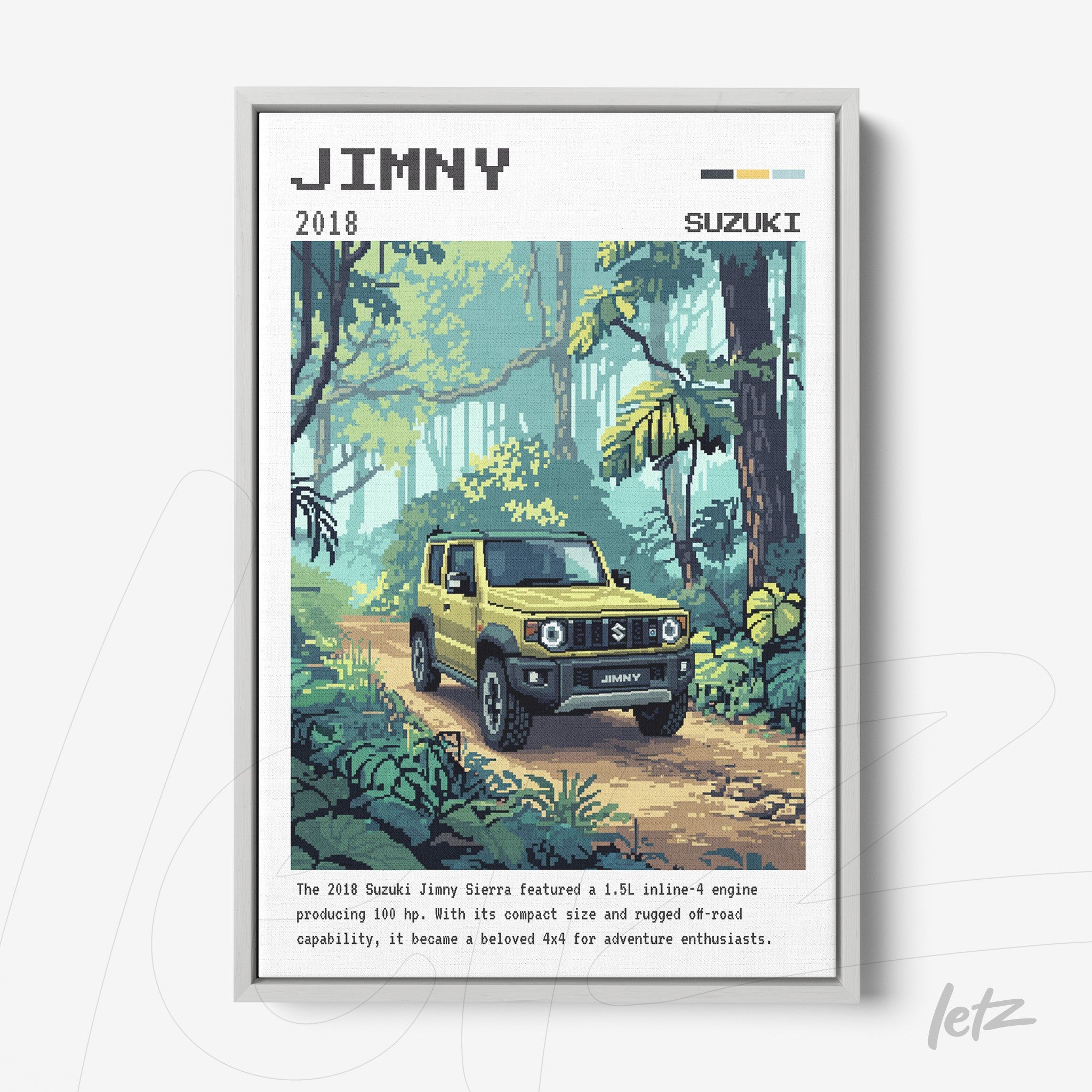 quadro com arte pixelada de um Suzuki Jimny amarelo em um cenário de floresta tropical com plantas verdes