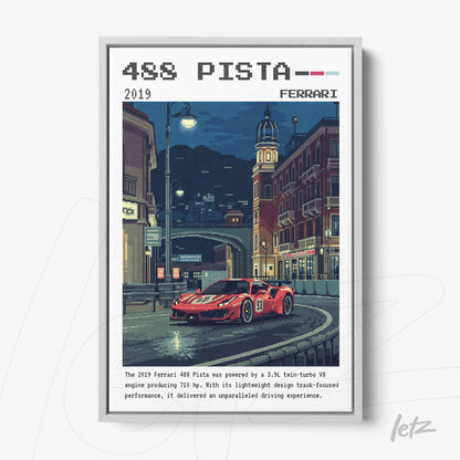 quadro com arte digital da Ferrari 488 Pista em estilo pixelizado, destacando o carro vermelho em uma rua noturna