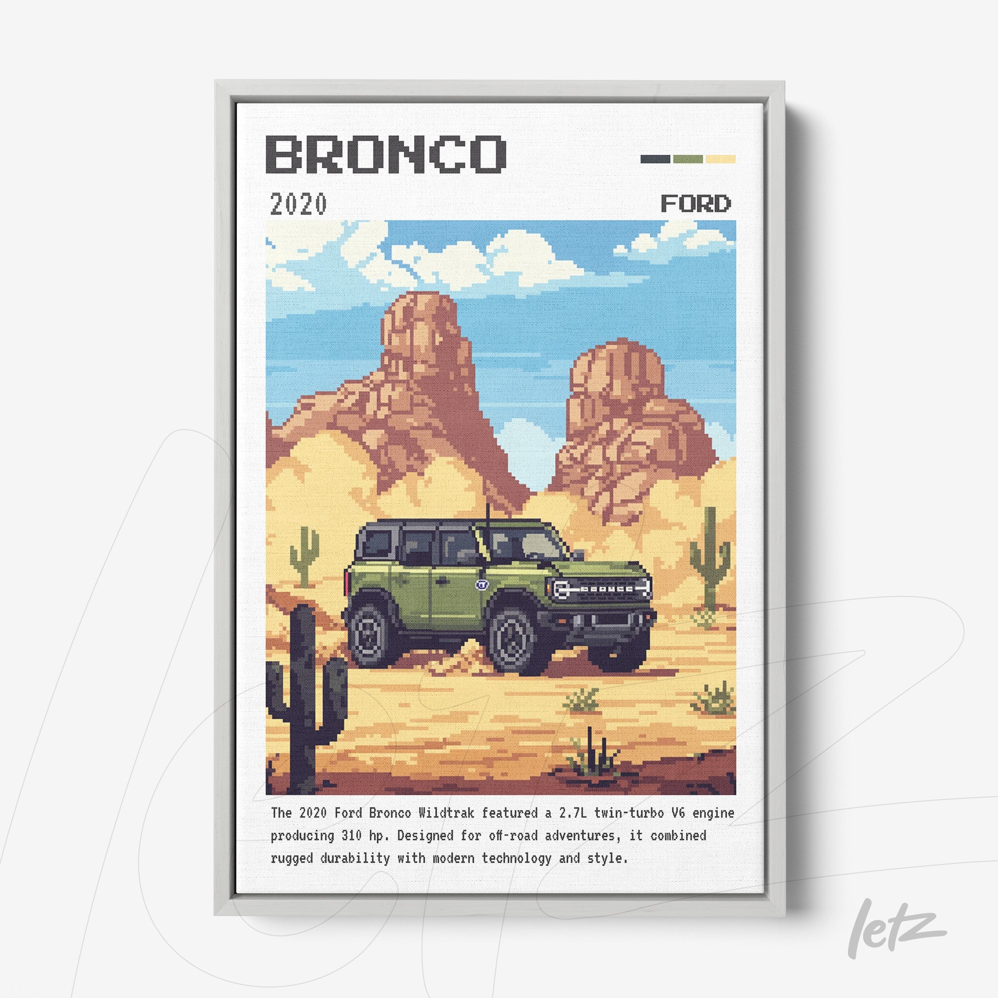 quadro com arte digital de um Ford Bronco 2020 em estilo pixelado, rodeado por um cenário desértico com cactos