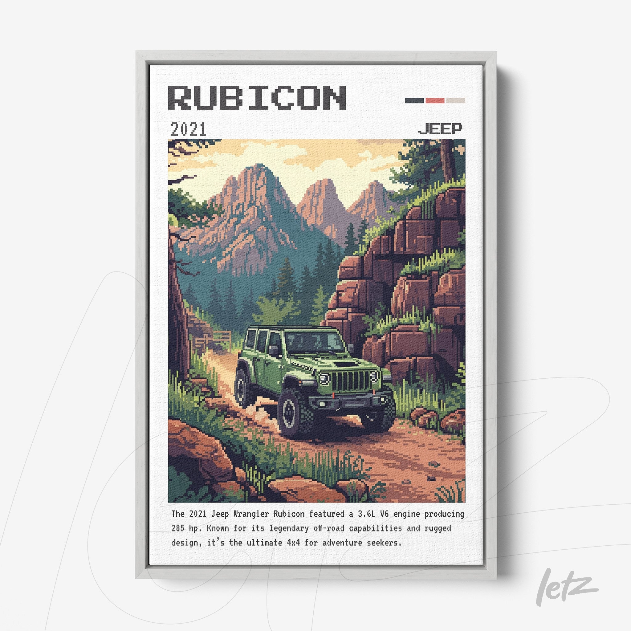 quadro com arte vintage do Jeep Wrangler Rubicon 2021 em moldura prateada, montanhas e vegetação ao fundo