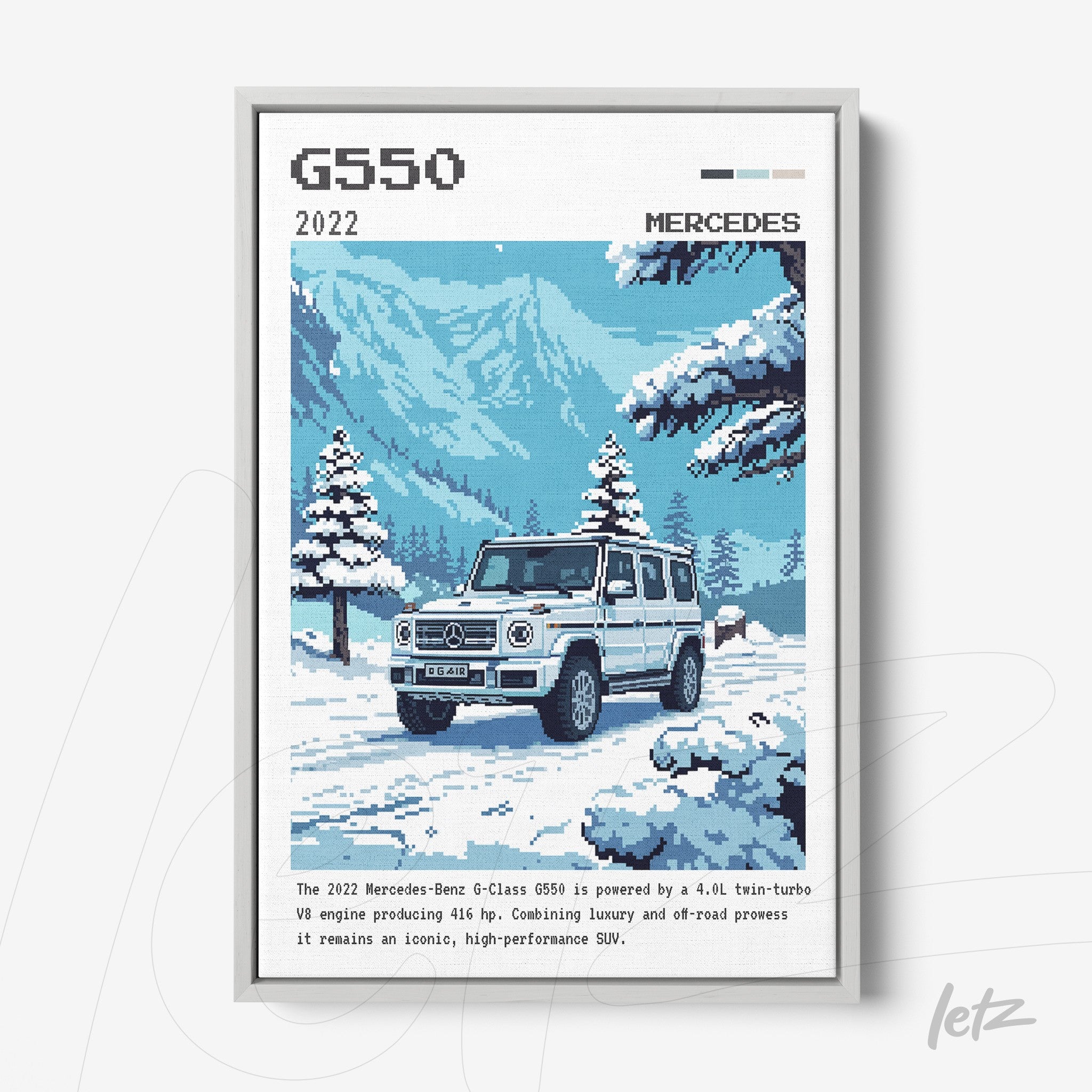 quadro com arte digital de um Mercedes-Benz G-Class G550 em uma paisagem de inverno com montanhas ao fundo e flocos de neve