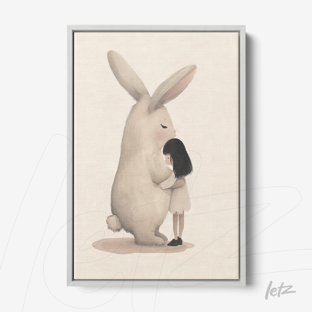 quadro com ilustração suave de uma menina abraçando um coelho gigante em moldura clara