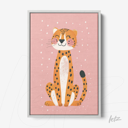 quadro com ilustração de um jaguar sorridente em fundo rosa claro, moldura cinza