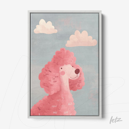 quadro com arte infantil de um cachorro pink sob nuvens em fundo azul, moldura cinza clara