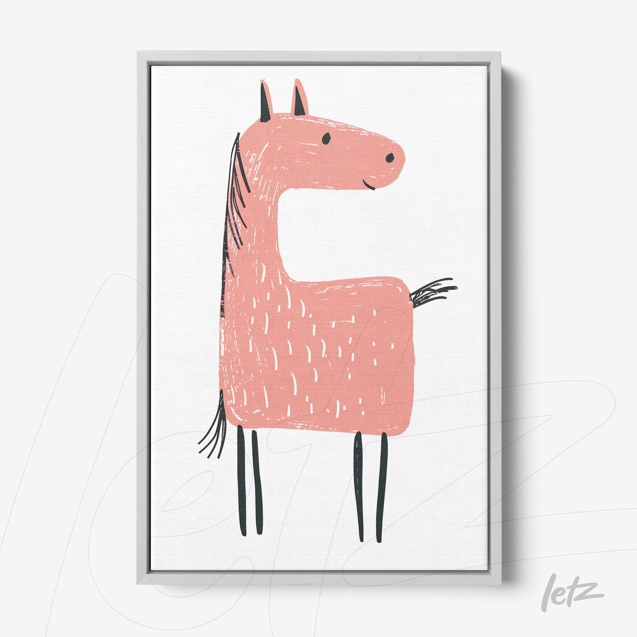 quadro com ilustração de um cavalo estilizado na cor rosa com fundo branco e moldura cinza