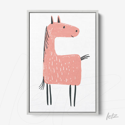 quadro com ilustração de um cavalo estilizado na cor rosa com fundo branco e moldura cinza