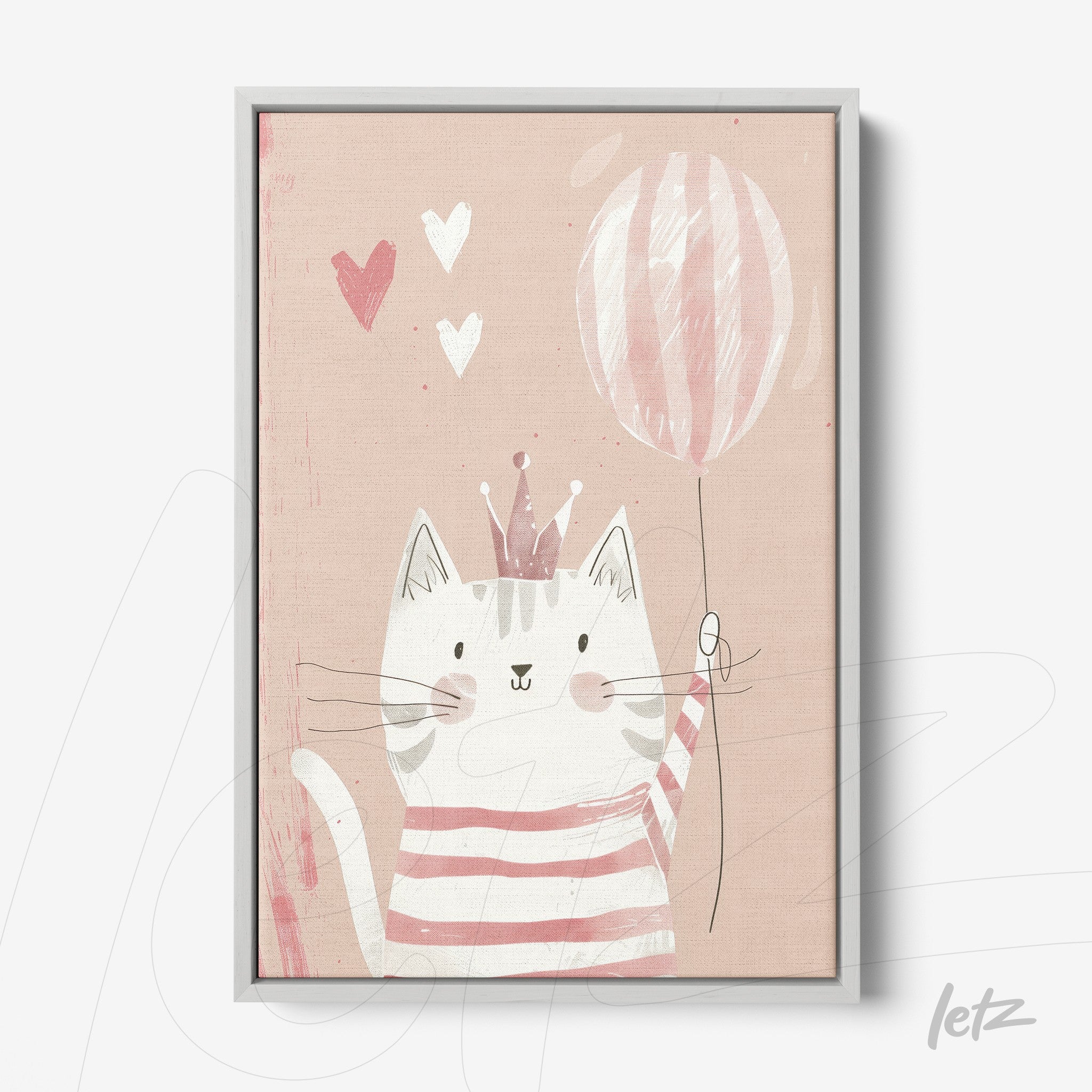 quadro com ilustração de gato fofo segurando um balão, moldura cinza claro com fundo rosa suave