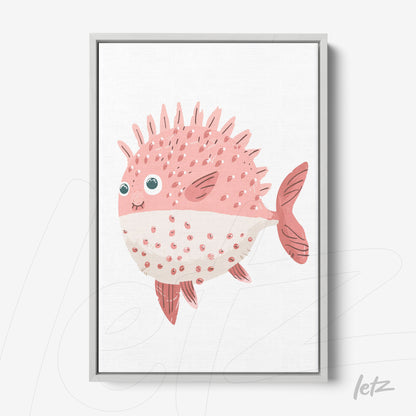 quadro com ilustração de peixe rosa com espinhos em moldura cinza clara