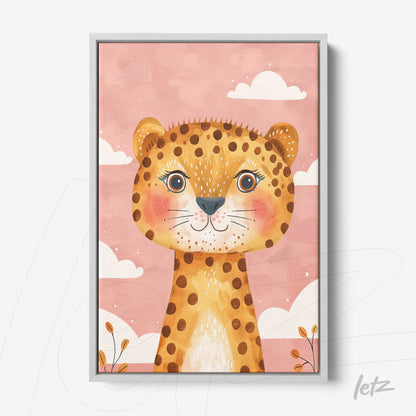 quadro com arte infantil de leopardo com fundo rosa e nuvens brancas em moldura prata