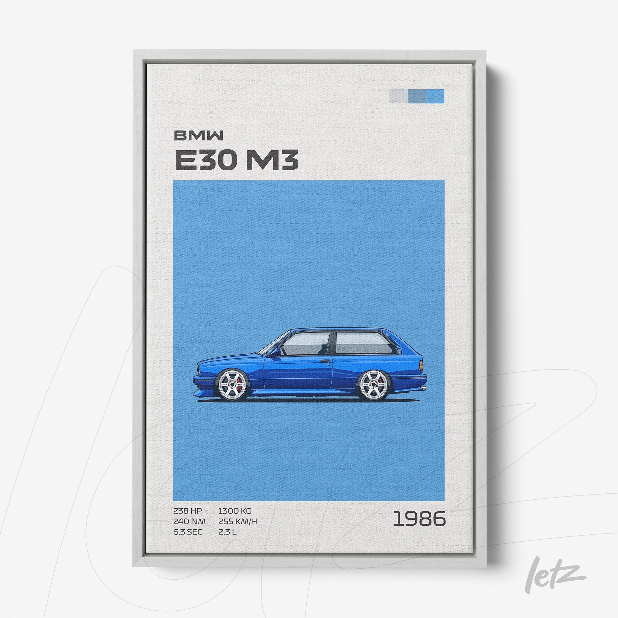 quadro com arte de carro esportivo BMW E30 M3 em fundo azul com moldura branca