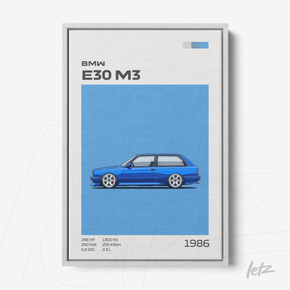 quadro com arte de carro esportivo BMW E30 M3 em fundo azul com moldura branca