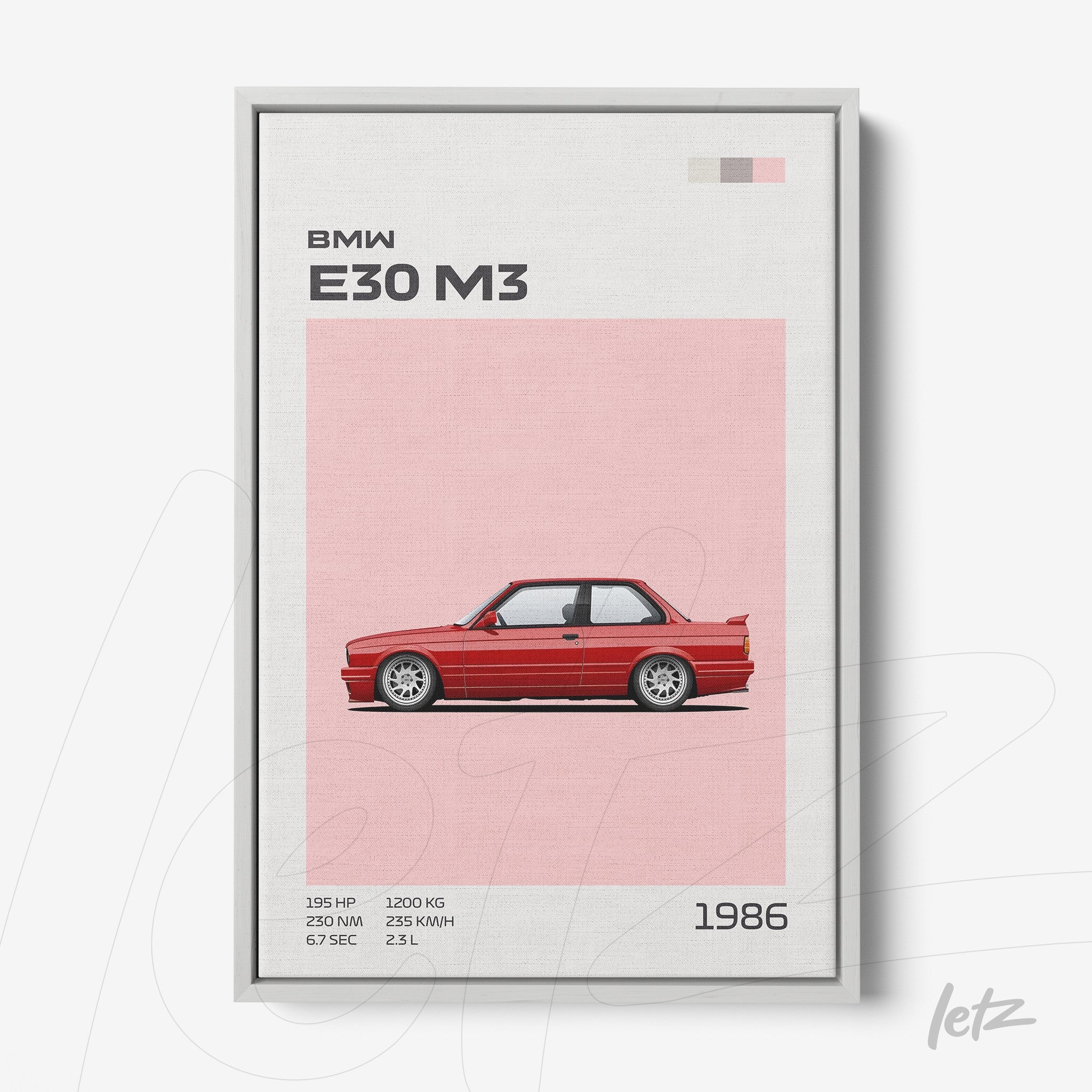 quadro com ilustração do BMW E30 M3 em fundo rosa, destacando detalhes técnicos como potência e peso na parte superior