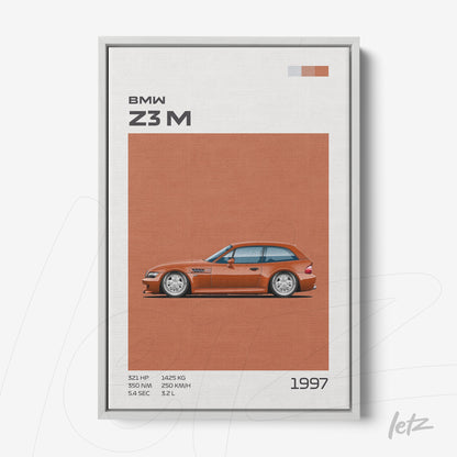 quadro decorativo estilo minimalista com ilustração do carro BMW Z3M em tom laranja e fundo neutro