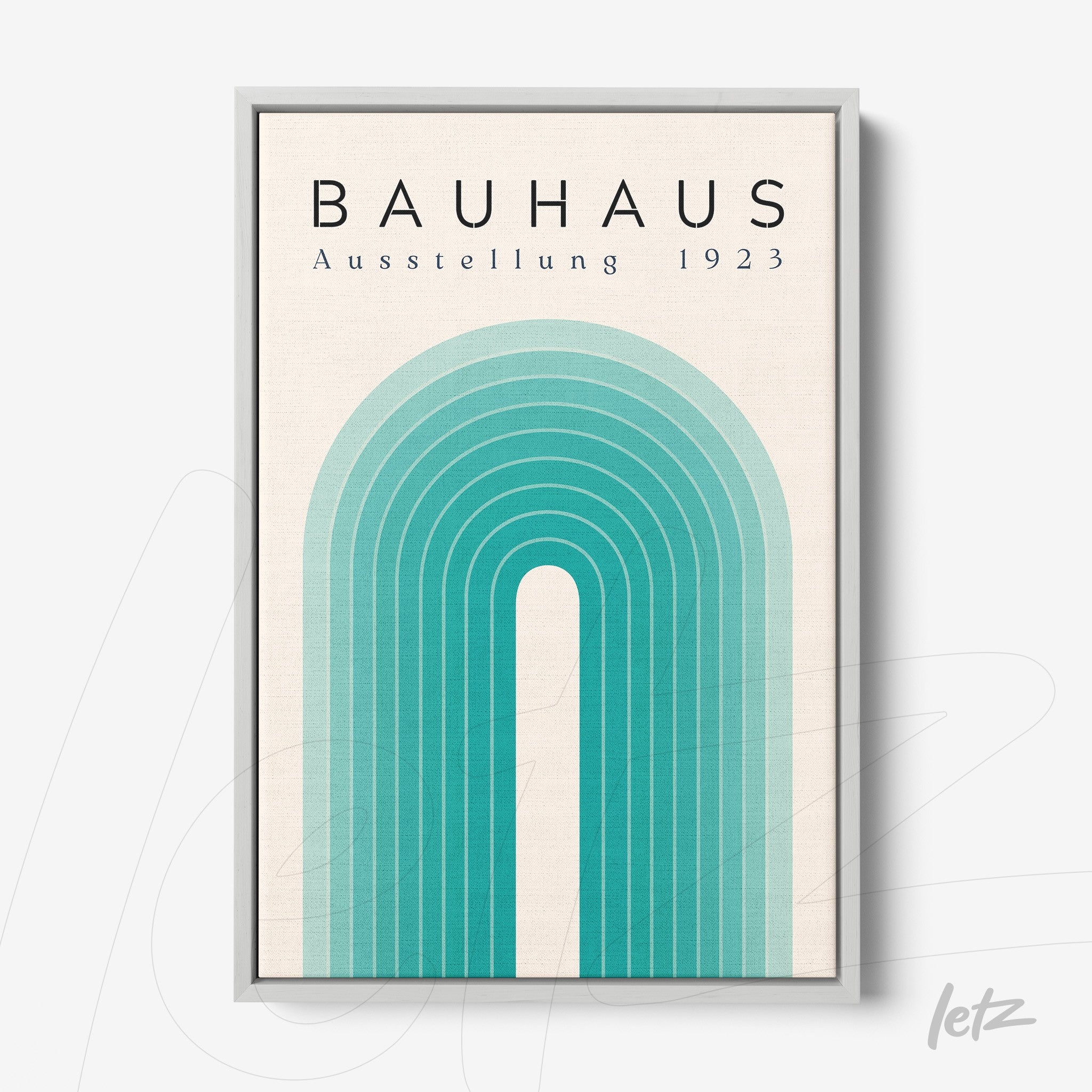 pôster com ilustração geométrica em tons de azul e verde com moldura prateada, inspirado no estilo Bauhaus