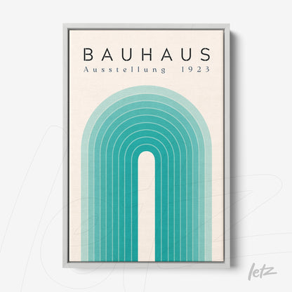 pôster com ilustração geométrica em tons de azul e verde com moldura prateada, inspirado no estilo Bauhaus