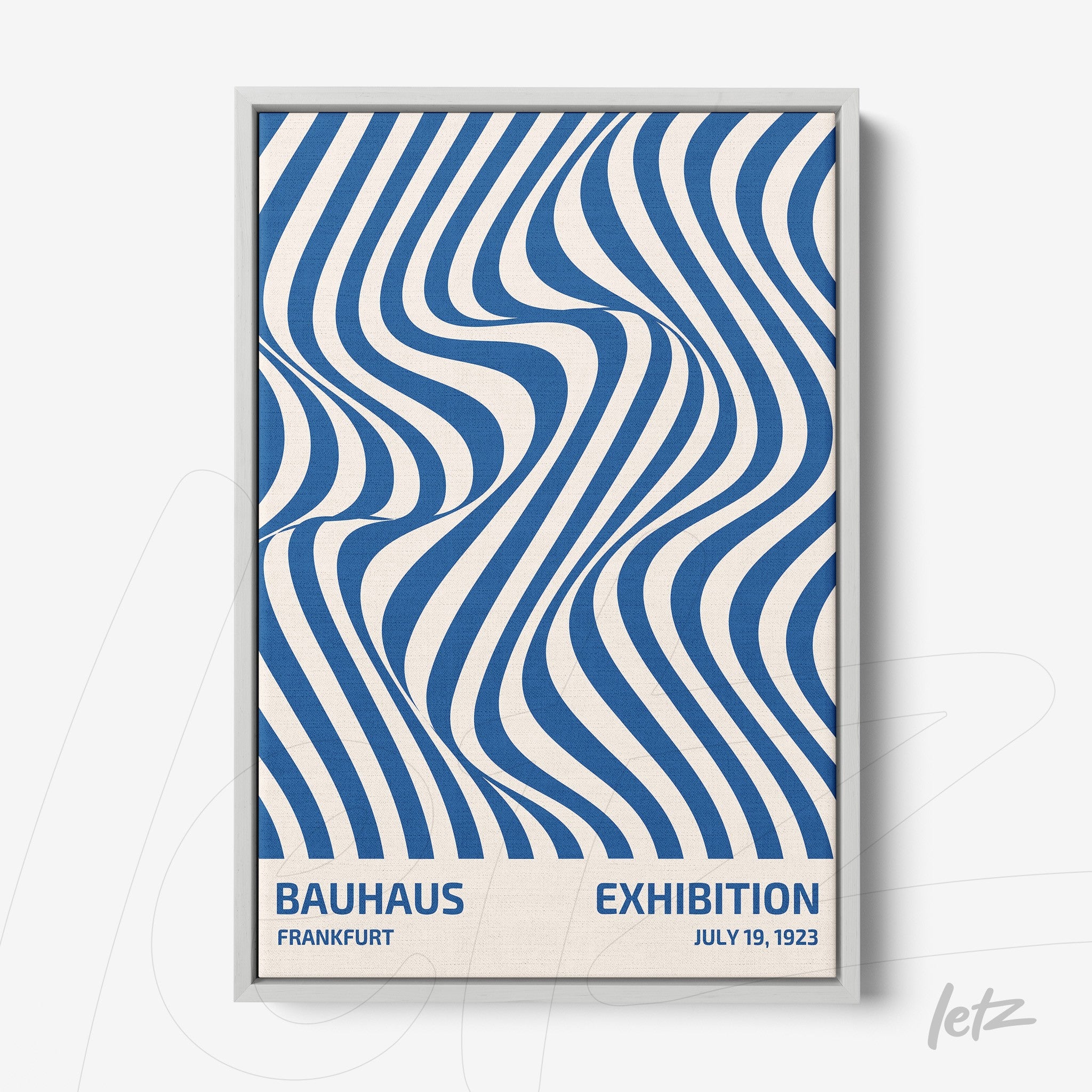 pôster com design abstrato estilo Bauhaus em moldura branca e texto azul