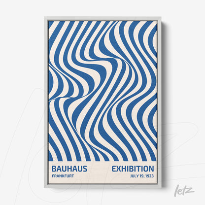 pôster com design abstrato estilo Bauhaus em moldura branca e texto azul