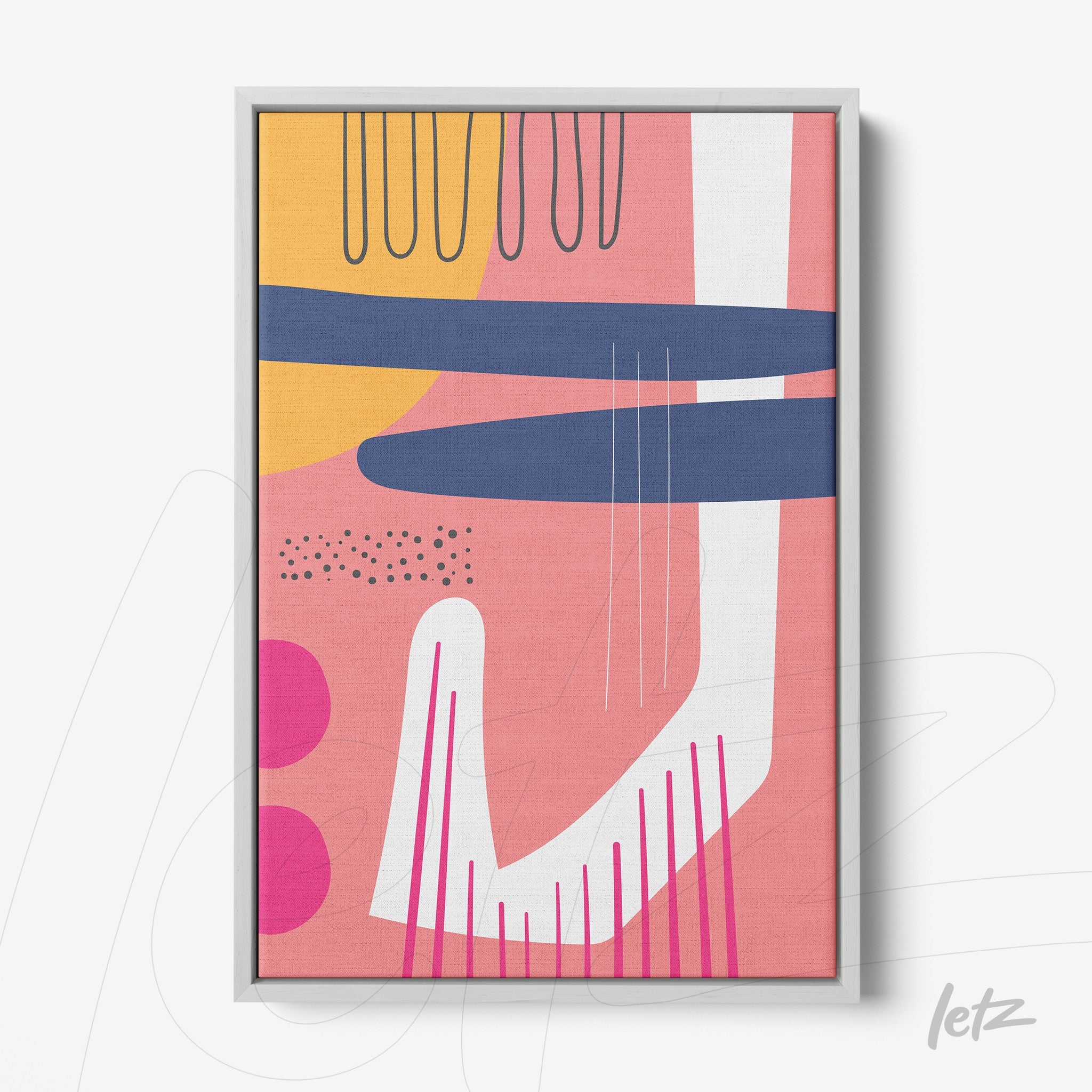 quadro em canvas com arte abstrata boho exibindo formas geométricas coloridas e moldura branca