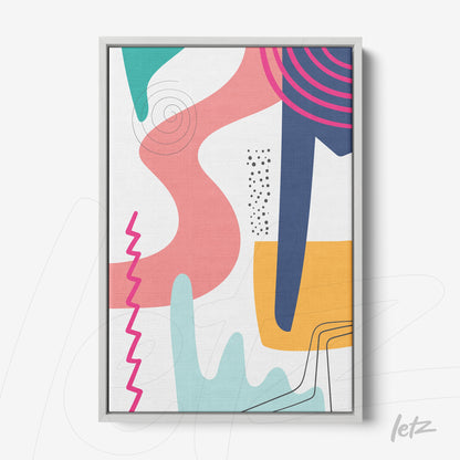 quadro abstrato colorido com formas geométricas curvas em moldura branca