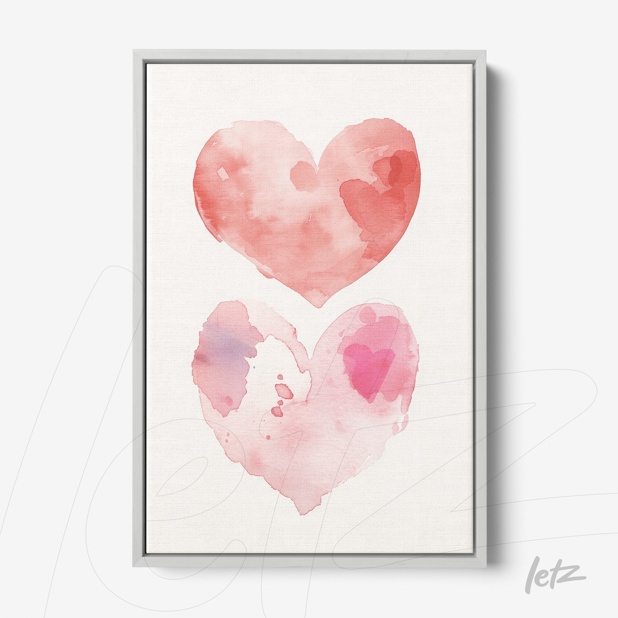 quadro com aquarela de corações em tons de rosa em moldura cinza clara