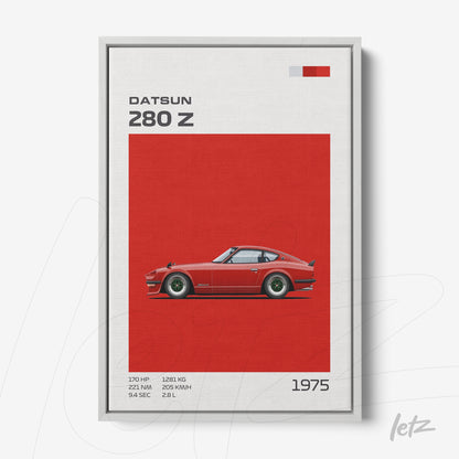 quadro com ilustração do carro Datsun 280Z de 1975 em fundo vermelho vibrante com moldura cinza