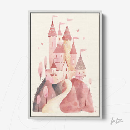 quadro em canvas com ilustração de castelo em tons de rosa com árvores no primeiro plano e caminho sinuoso