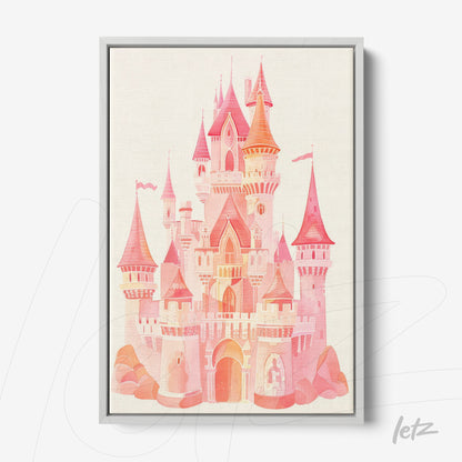 quadro com ilustração de castelo em tons de rosa e laranja, moldura prateada