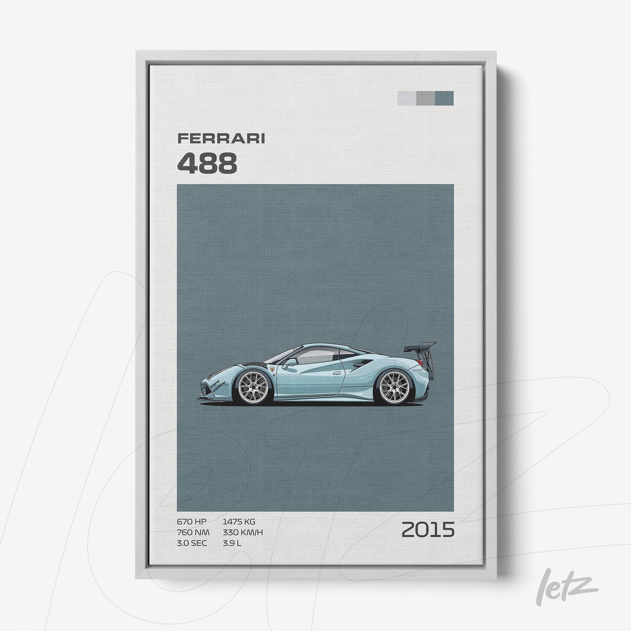 quadro com ilustração estilizada da Ferrari 488 em fundo azul e moldura cinza