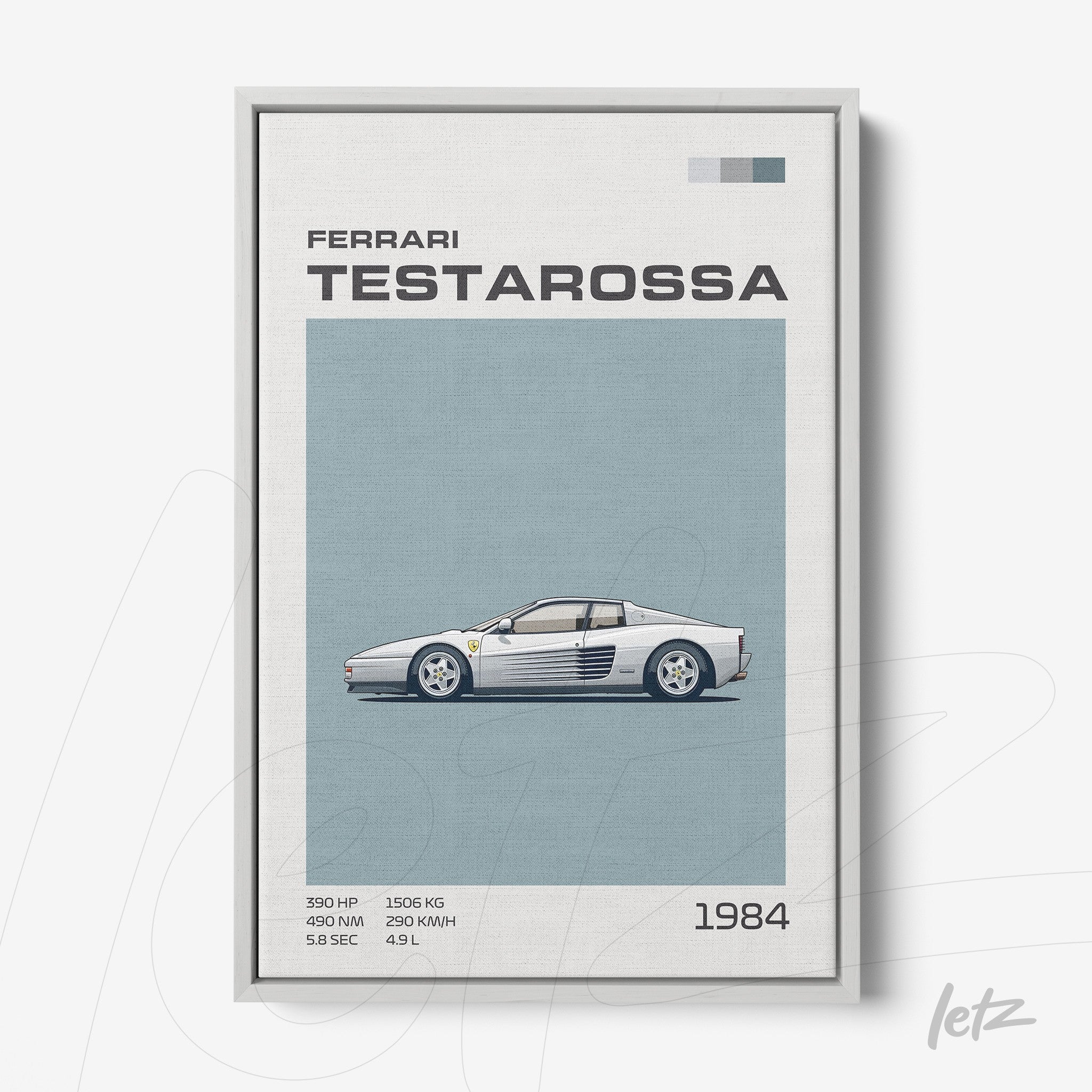 quadro com ilustração estilizada da Ferrari Testarossa em moldura prata com fundo azul clara