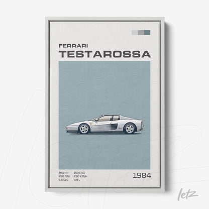 quadro com ilustração estilizada da Ferrari Testarossa em moldura prata com fundo azul clara