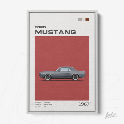 quadro com arte de carro Ford Mustang 1967 em fundo vermelho e moldura branca