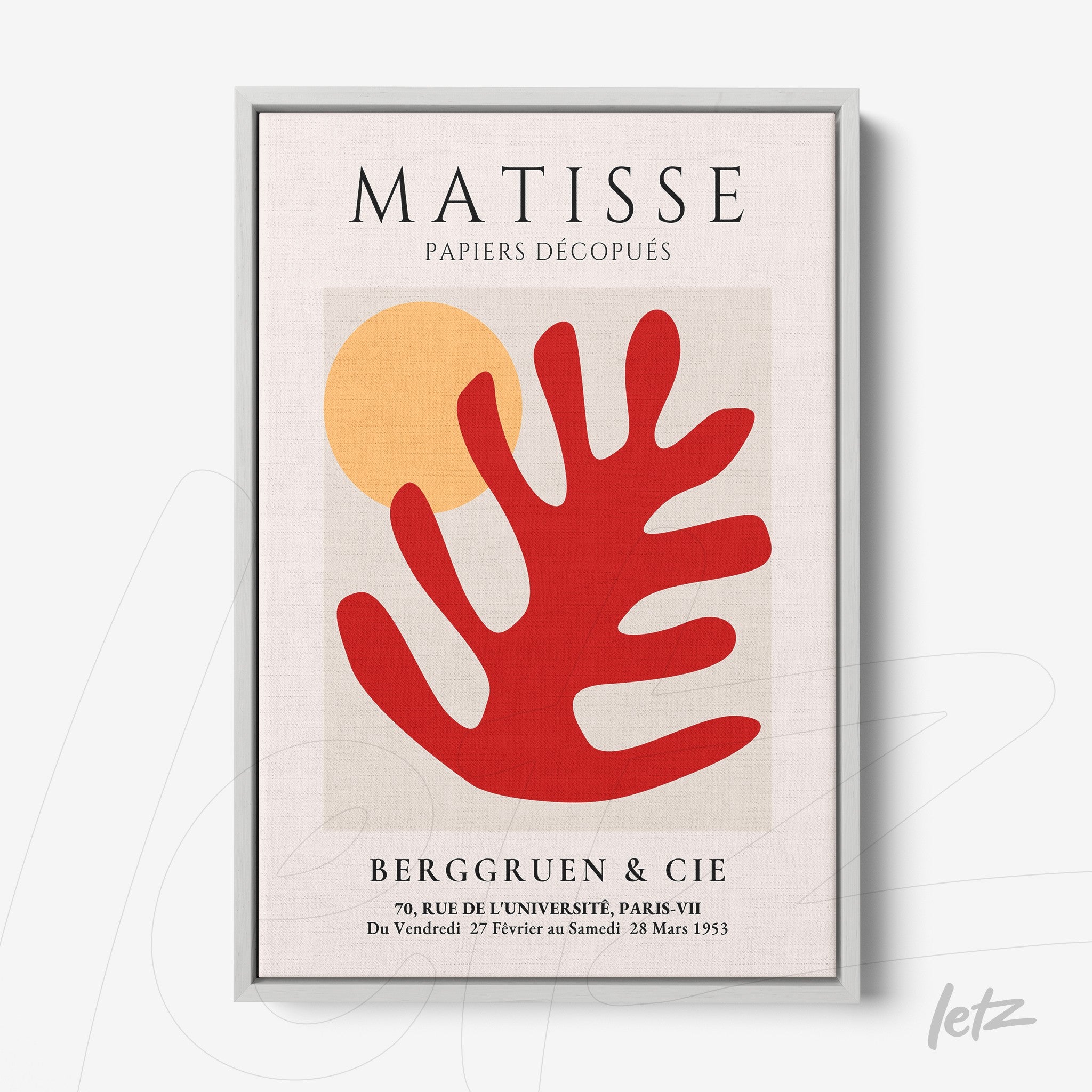 quadro com arte moderna em formato de folha vermelha e círculo amarelo, moldura prateada