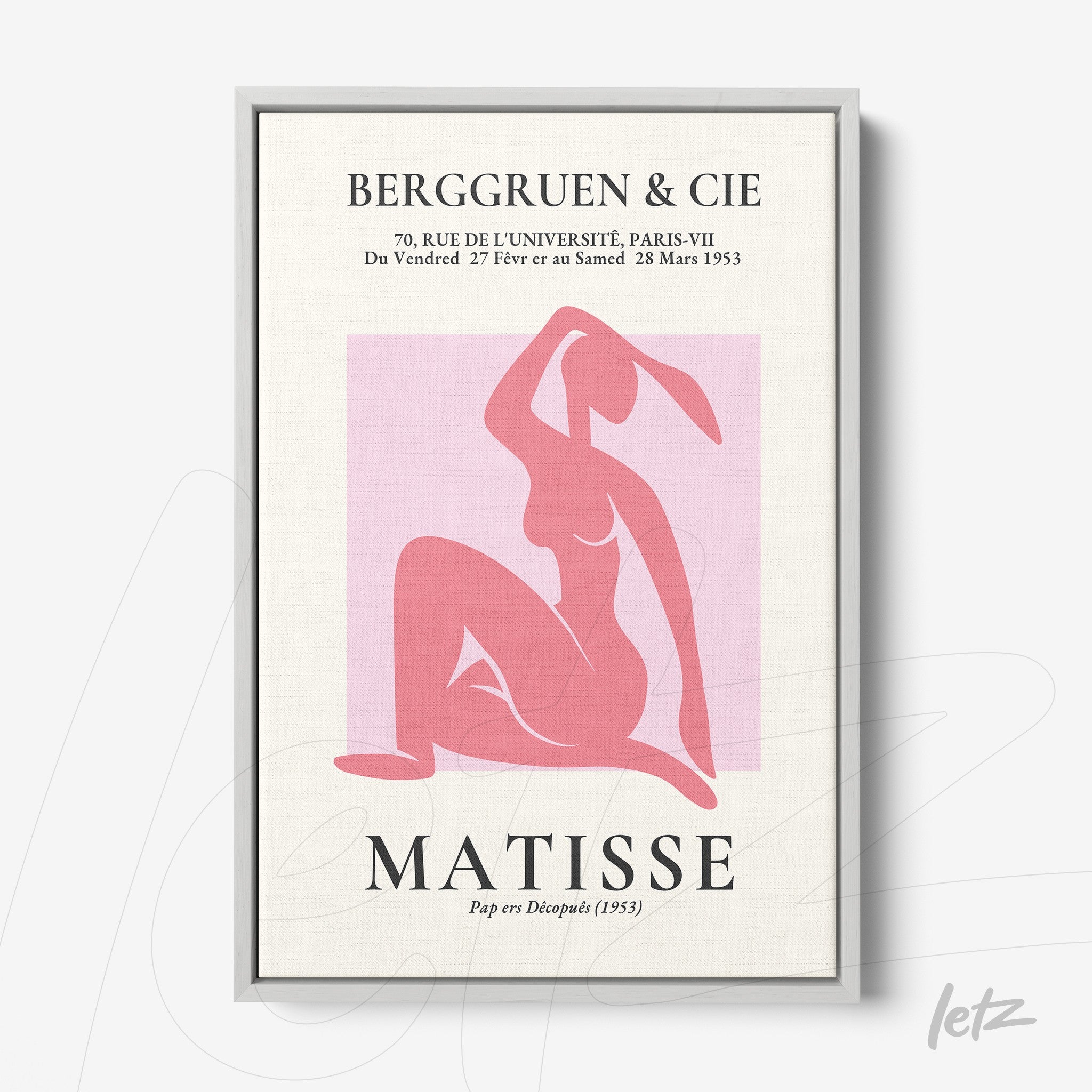 quadro com arte moderna em estilo flat sobre fundo rosa, apresentando uma figura feminina em cores sólidas e moldura prata