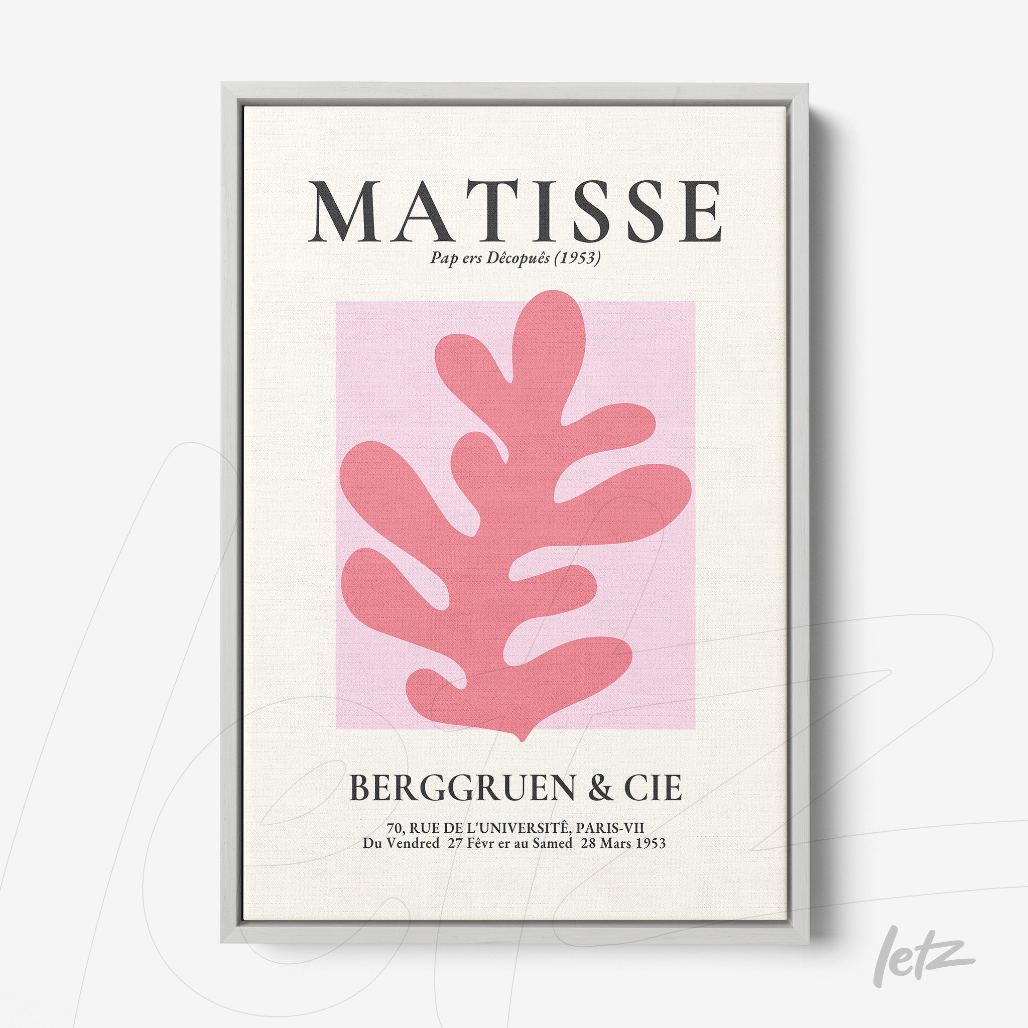 quadro com arte moderna inspirada em Matisse, apresentando uma folha em rosa sobre fundo rosa claro, moldura prateada