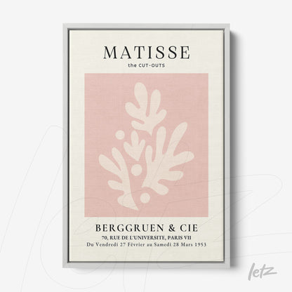 quadro com arte de Matisse em moldura prata, apresentando formas orgânicas em tons de rosa sobre fundo claro