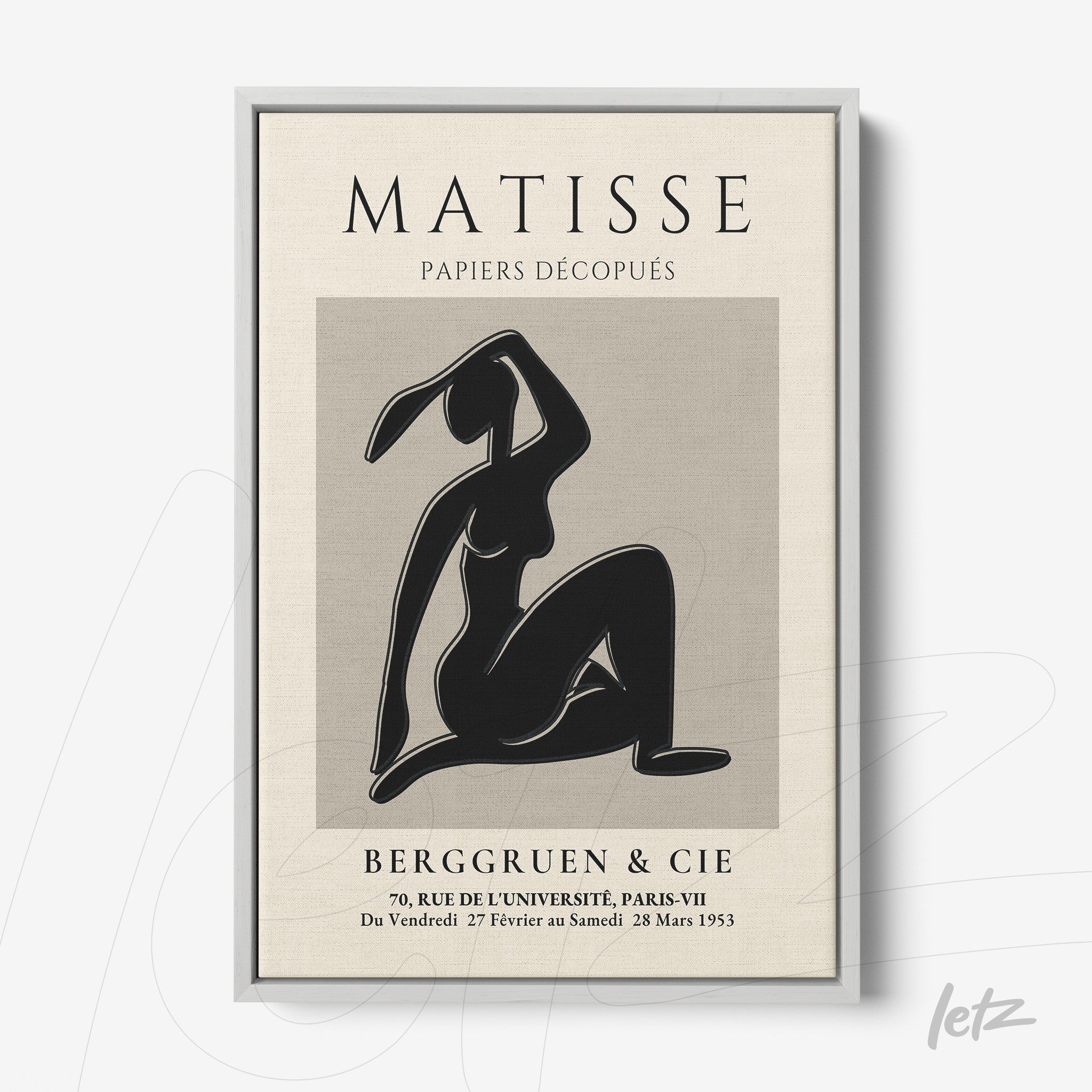 quadro com arte minimalista de figura feminina em fundo neutro, moldura prateada