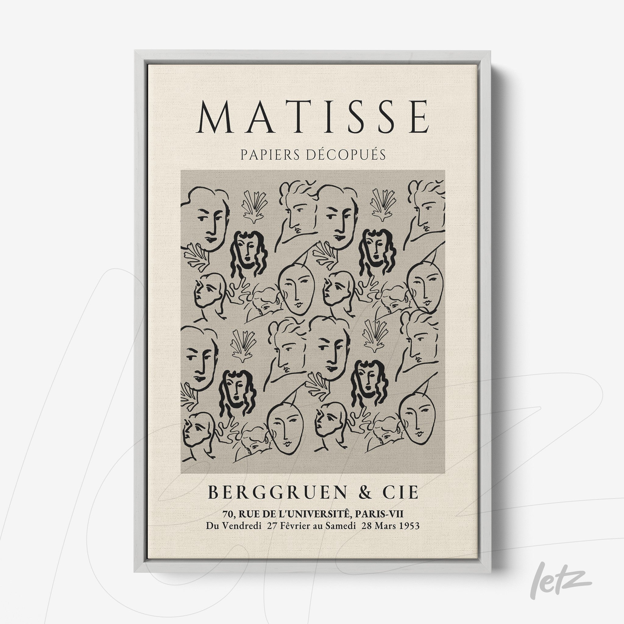 quadro com arte de Matisse destacando rostos em traços pretos sobre fundo claro em moldura cinza