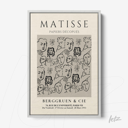 quadro com arte de Matisse destacando rostos em traços pretos sobre fundo claro em moldura cinza