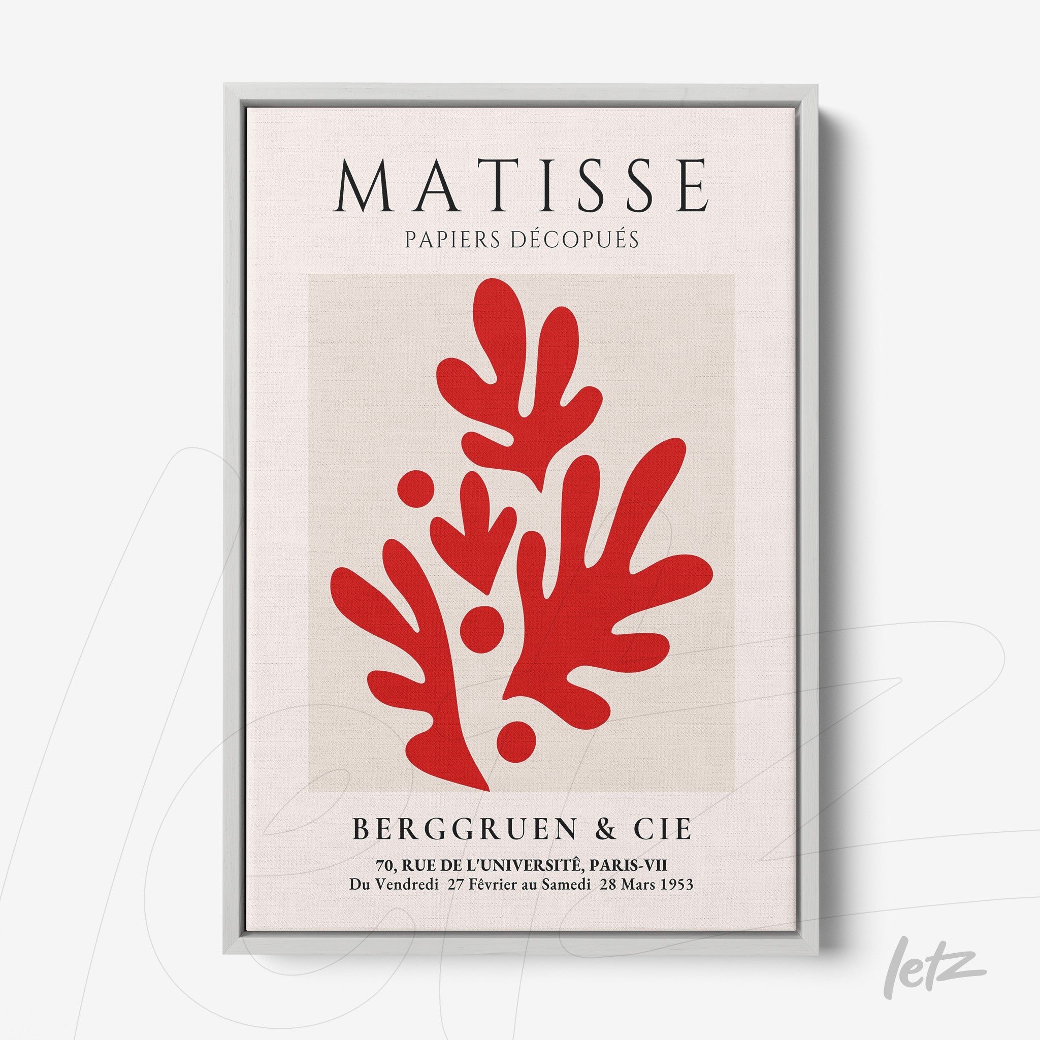 quadro com arte moderna em vermelho e branco inspirado em Matisse, dentro de moldura cinza clara