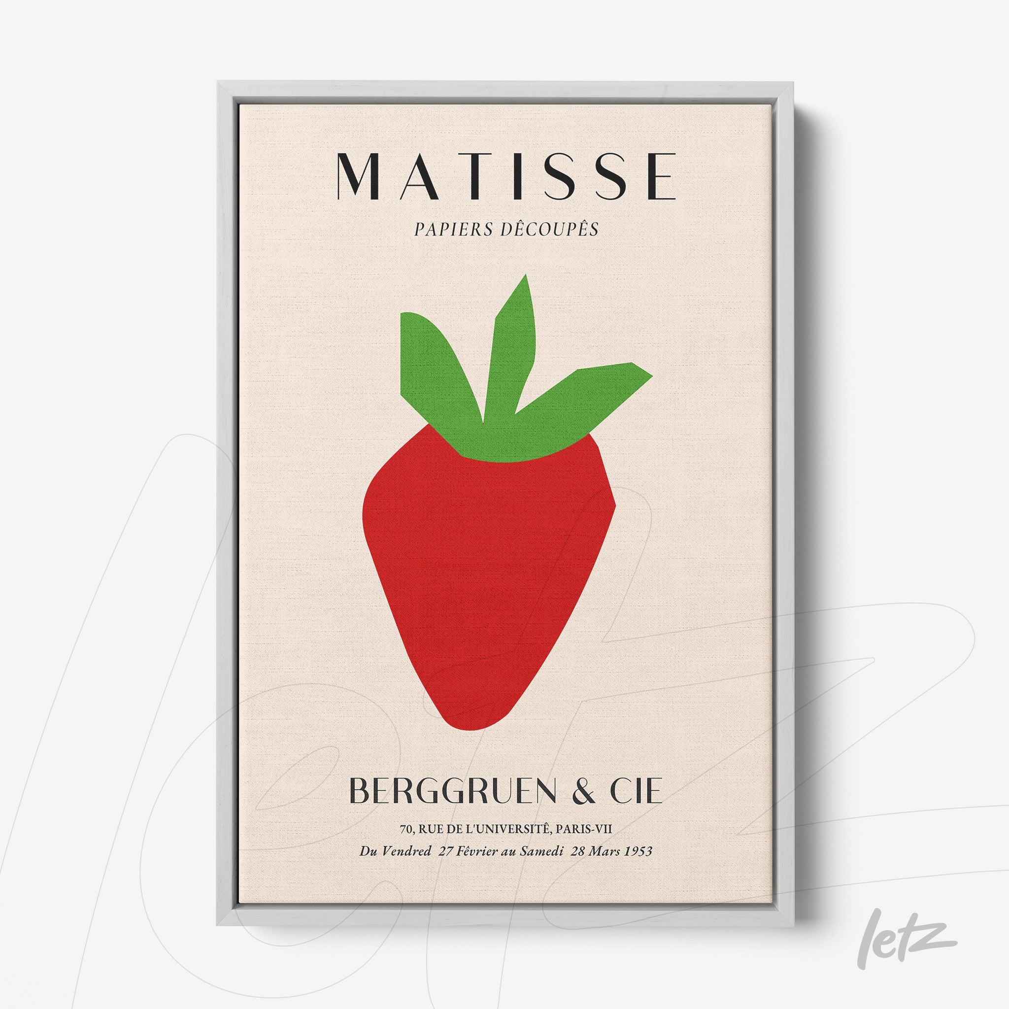 quadro com arte no estilo moderno de morango estilizado em moldura prata