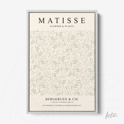 quadro com arte decorativa inspirada em Matisse, apresentando um padrão floral suave em tons pastel dentro de moldura cinza