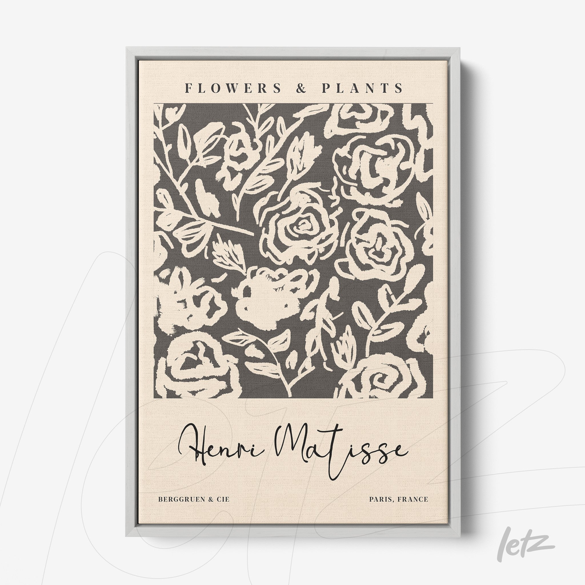quadro com arte moderna de flores em fundo bege, moldura prateada fina