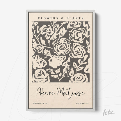 quadro com arte moderna de flores em fundo bege, moldura prateada fina