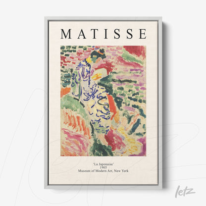 quadro emoldurado com arte moderna de Matisse, intitulado 'La Japonaises', apresentando traços vibrantes e cores variadas sobre fundo claro